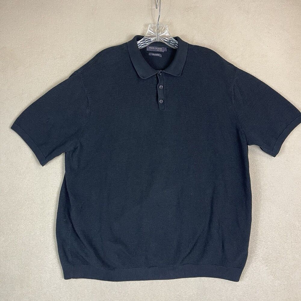 Paul James Polo Shirt Mens XXL Black Knit Short Sleeve Preppy Classic Fit Cotton